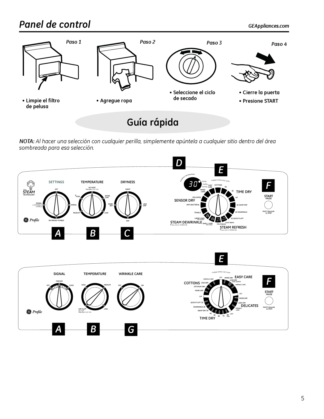 GE PTDN600GMWT, 49-90405, 234D1157P003 operating instructions Panel de control, Paso 