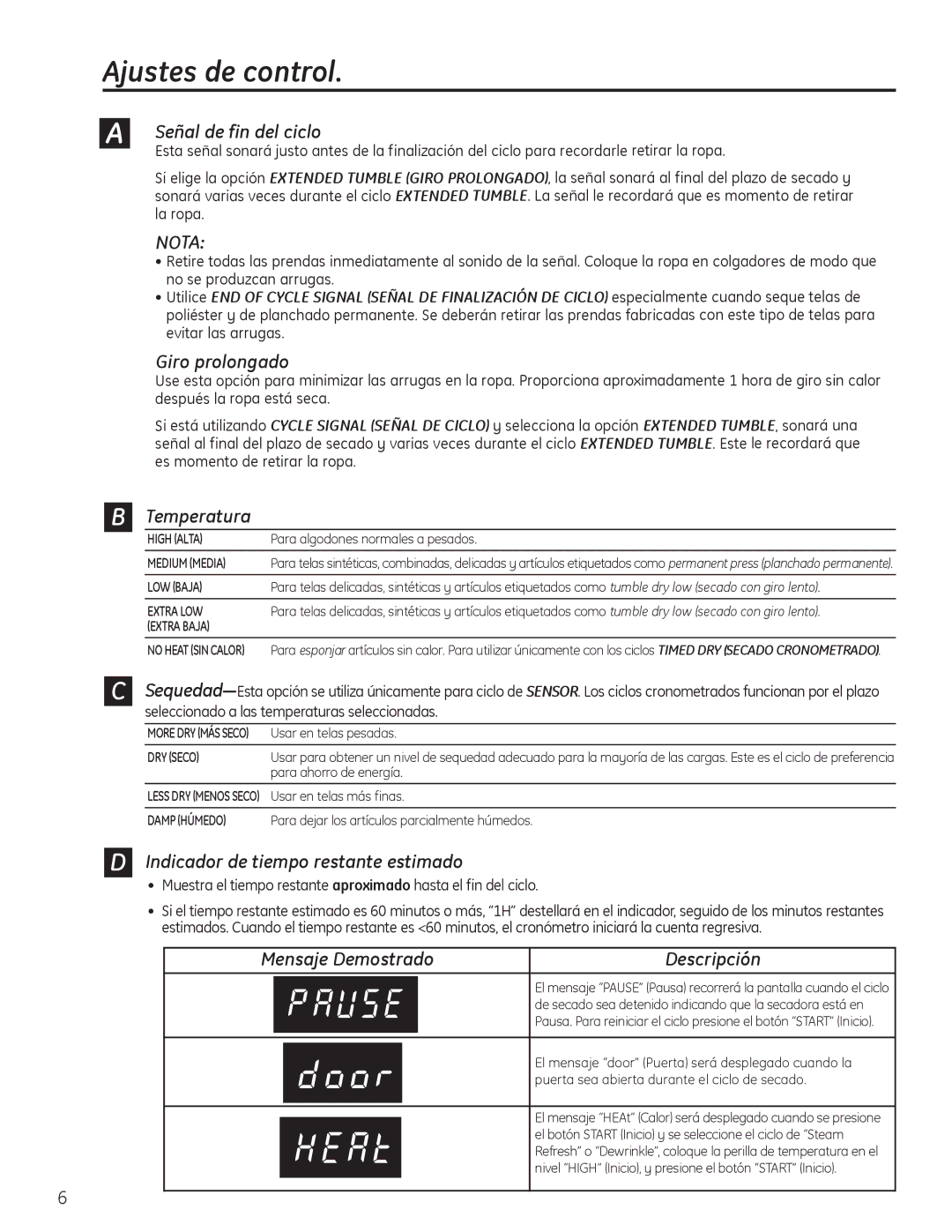 GE 49-90405 Ajustes de control, Temperatura, Indicador de tiempo restante estimado, Mensaje Demostrado Descripción 