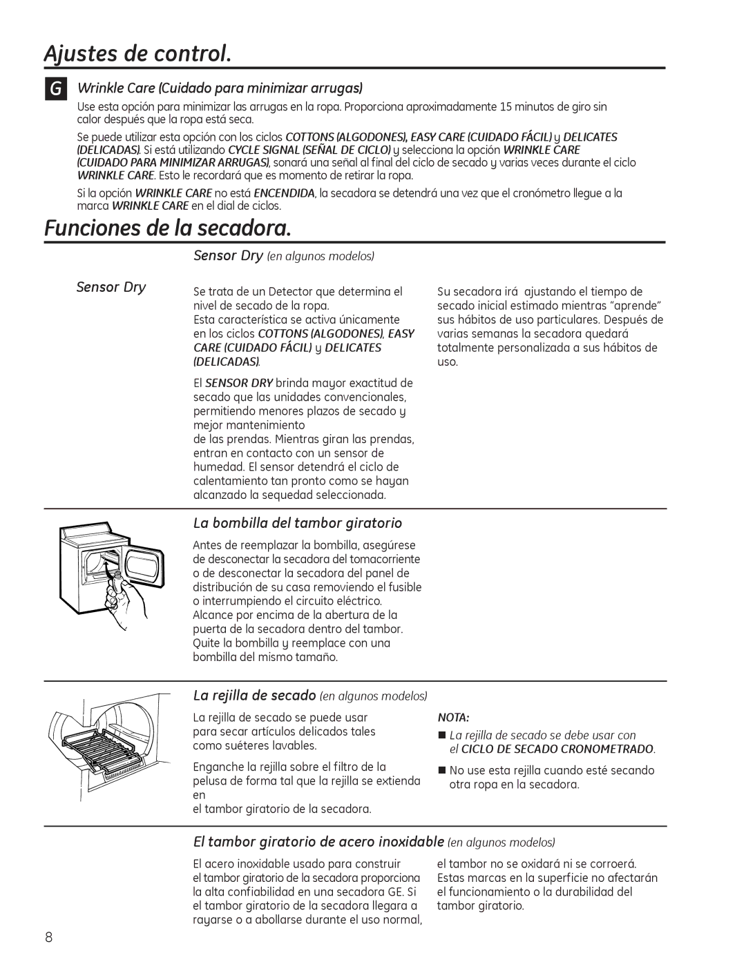 GE PTDN600GMWT, 49-90405, 234D1157P003 operating instructions Funciones de la secadora 