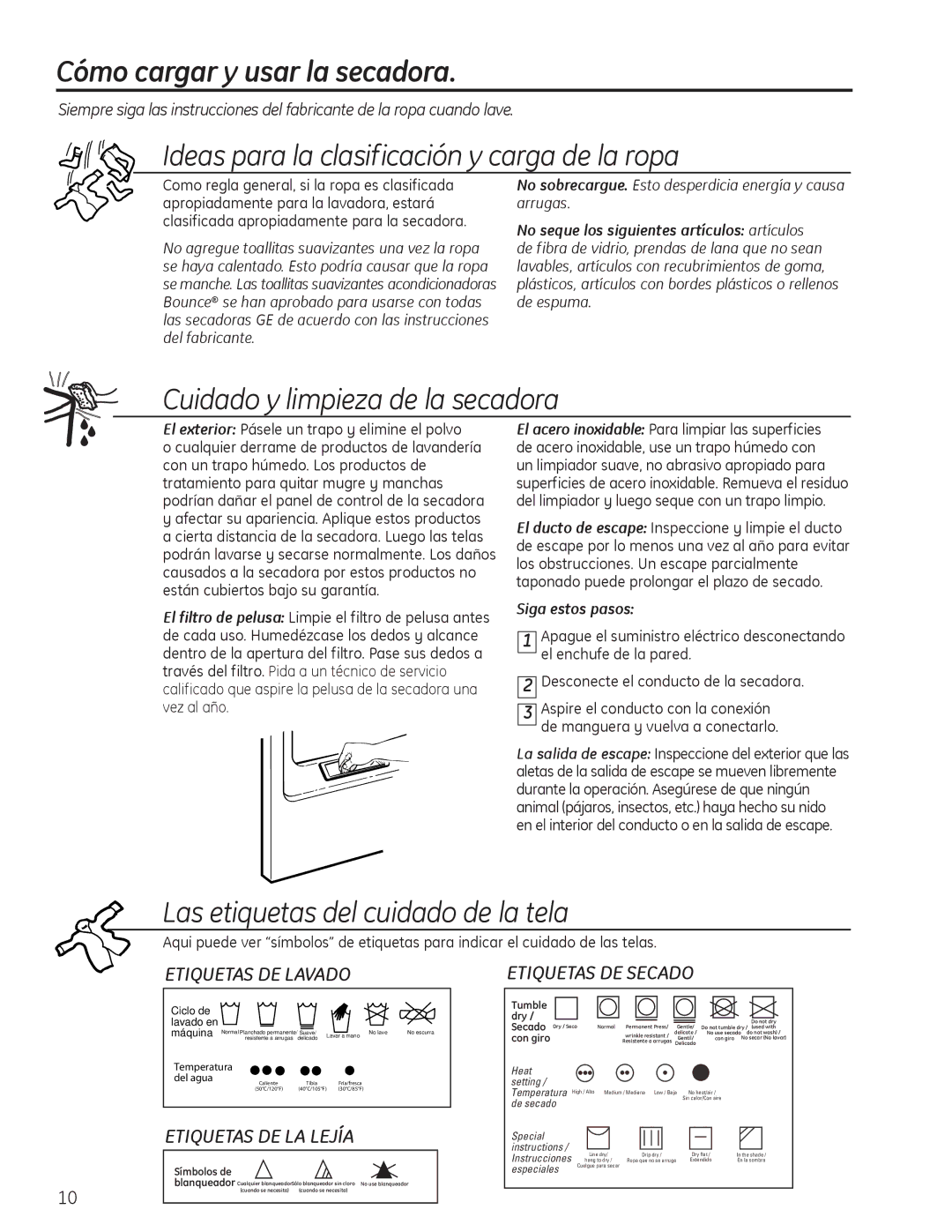 GE 234D1157P003, PTDN600GMWT, 49-90405 operating instructions Cómo cargar y usar la secadora, Siga estos pasos 