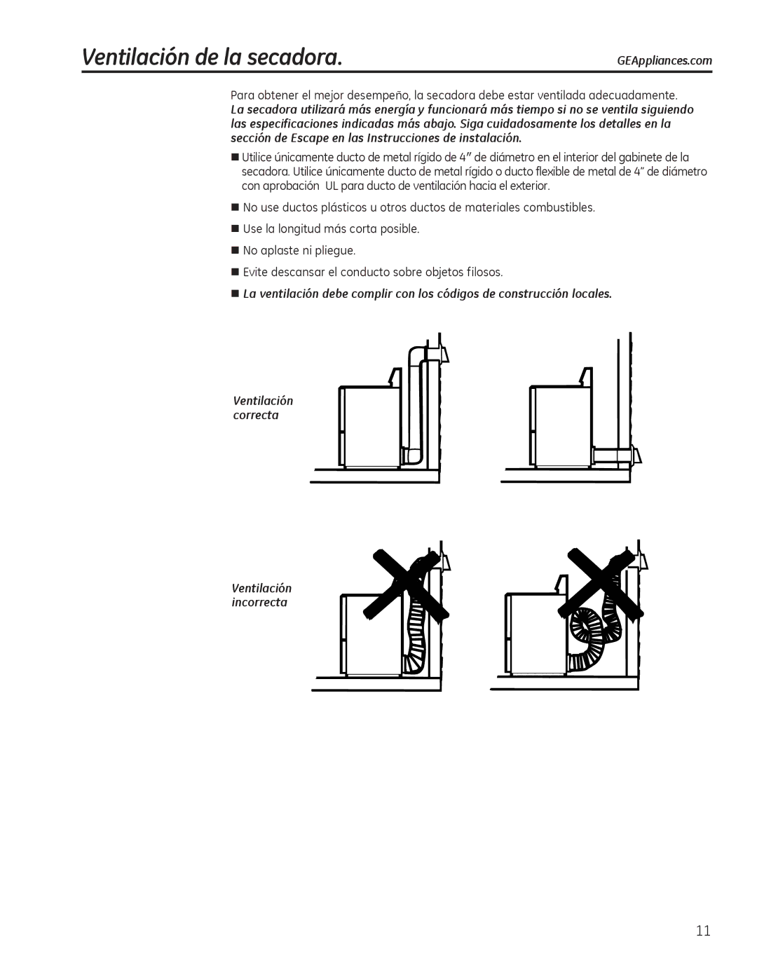 GE PTDN600GMWT, 49-90405, 234D1157P003 operating instructions Ventilación de la secadora 