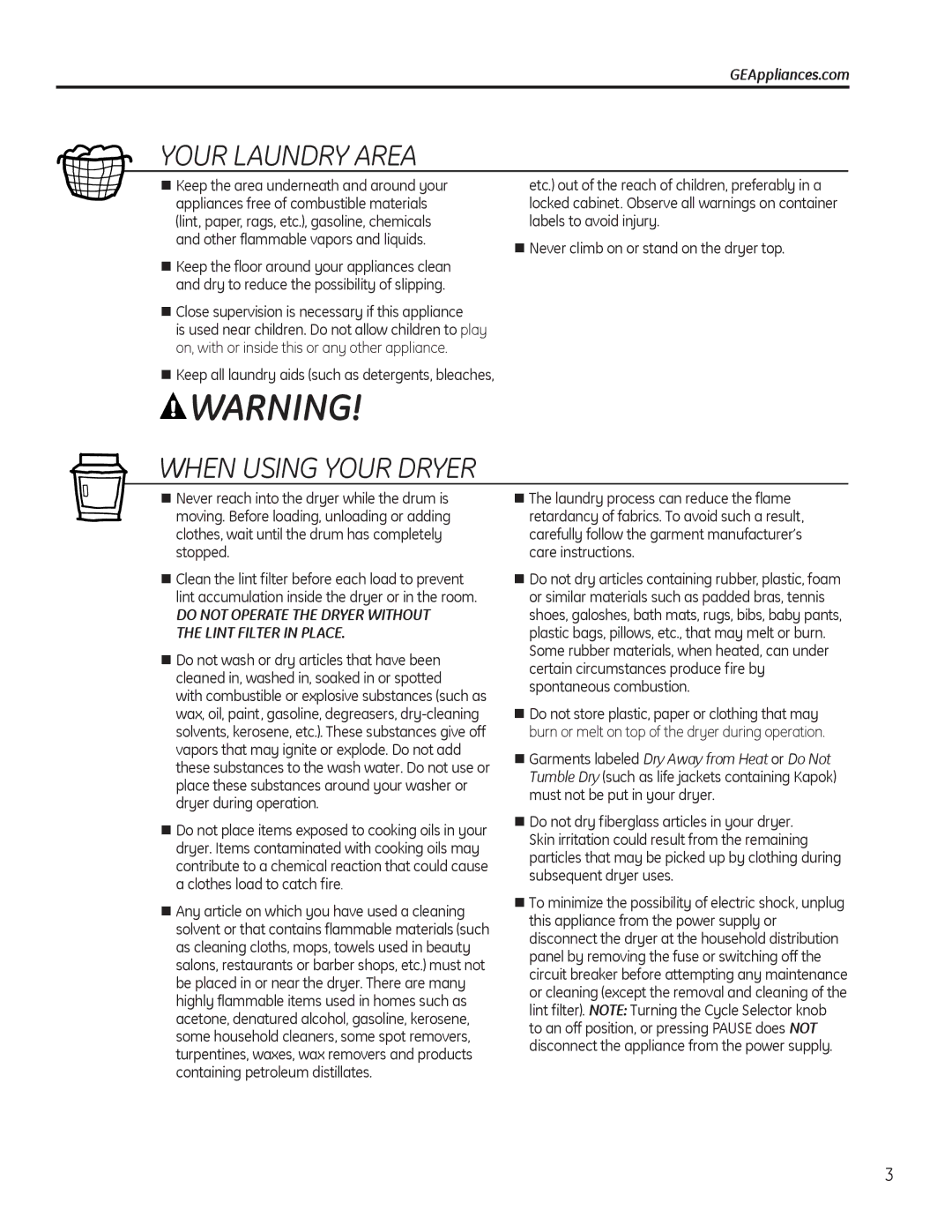 GE PTDN600GMWT, 49-90405, 234D1157P003 operating instructions Your Laundry Area, When Using Your Dryer, GEAppliances.com 