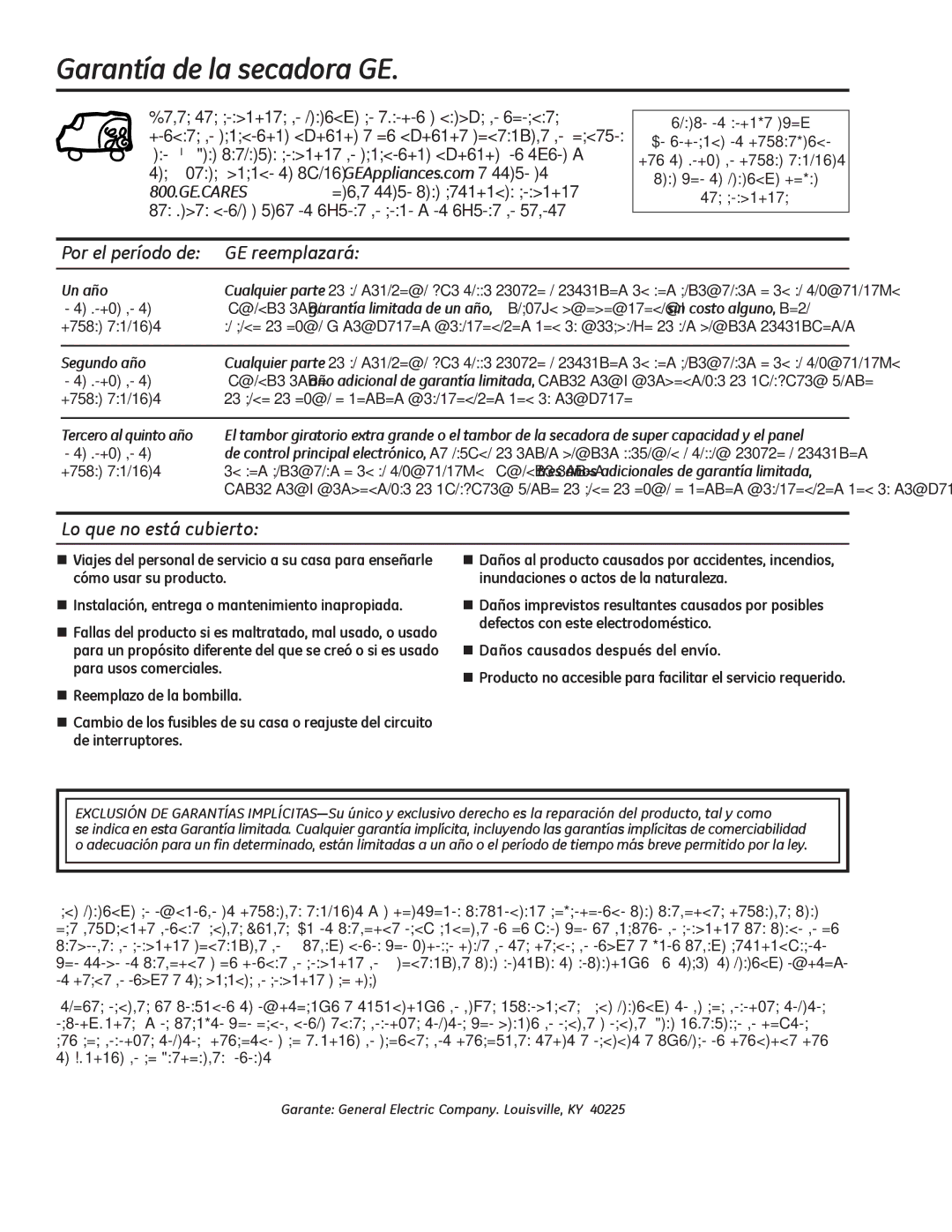 GE 49-90405 Garantía de la secadora GE, Por el período de GE reemplazará, Lo que no está cubierto, Un año, Segundo año 