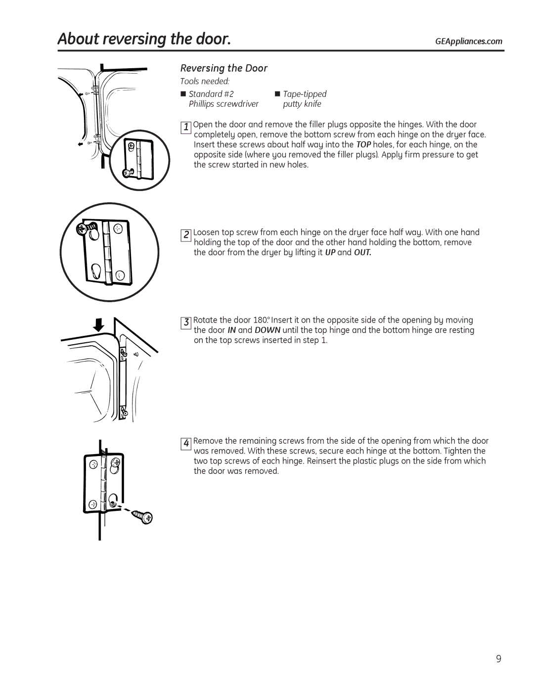 GE PTDN600GMWT, 49-90405, 234D1157P003 operating instructions About reversing the door, Reversing the Door 