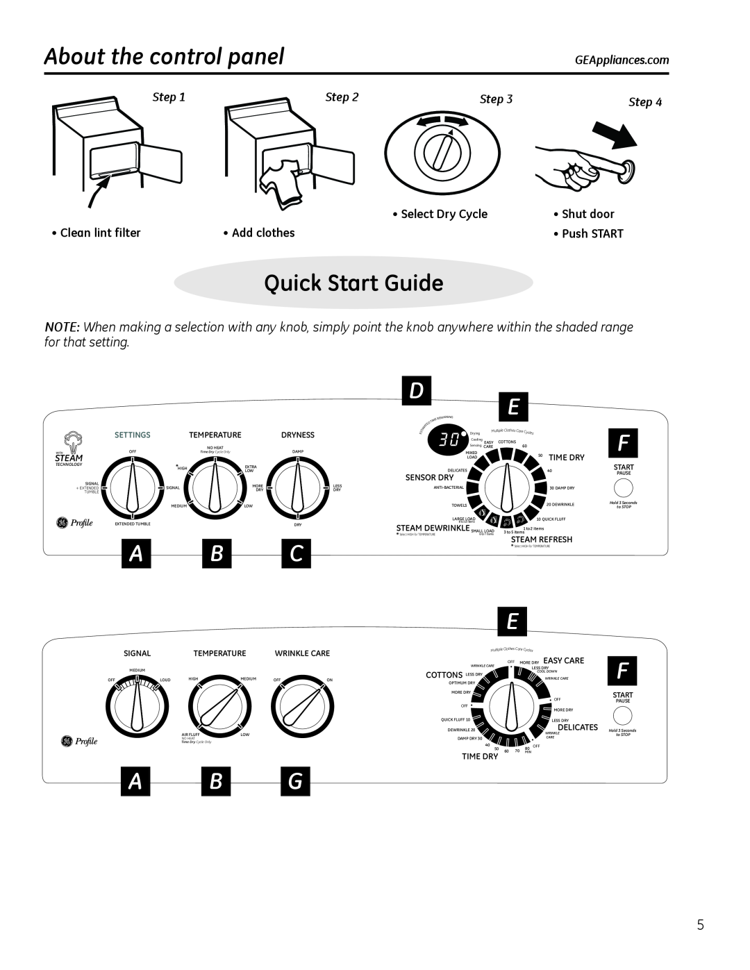GE 234D1157P003 About the control panel, Quick Start Guide, GEAppliances.com, Steam, Settings, Temperature, Dryness, Pause 