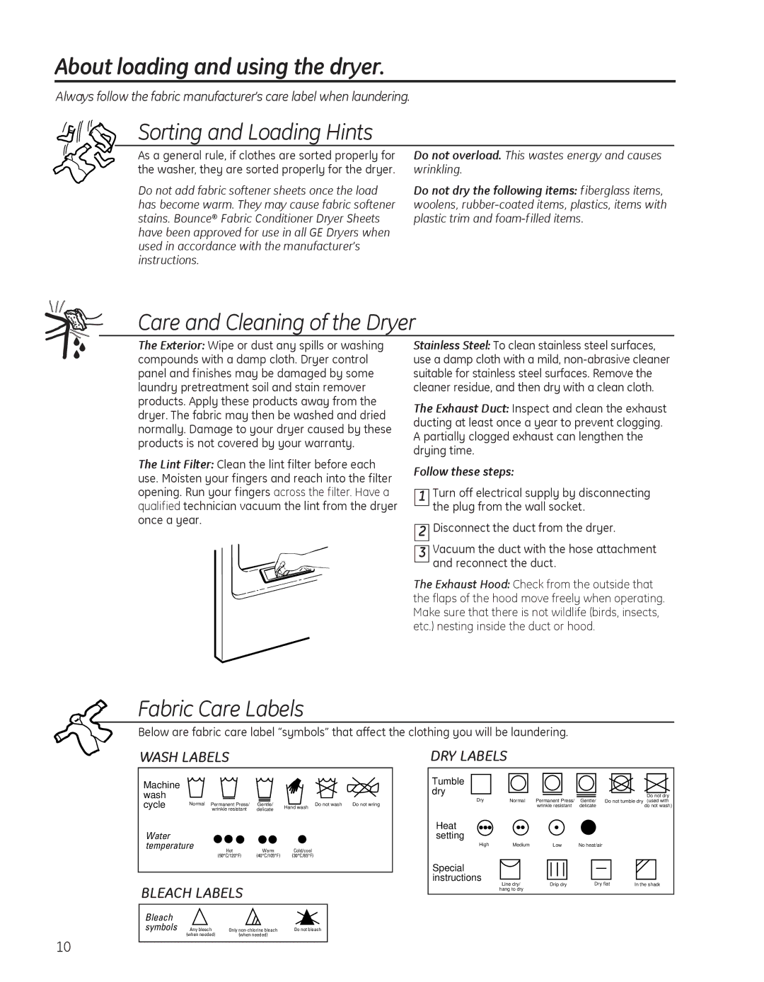 GE 49-90418, PTDS650EMWT About loading and using the dryer, WASh lAbElS DRy lAbElS, BlEACh lAbElS, Follow these steps 