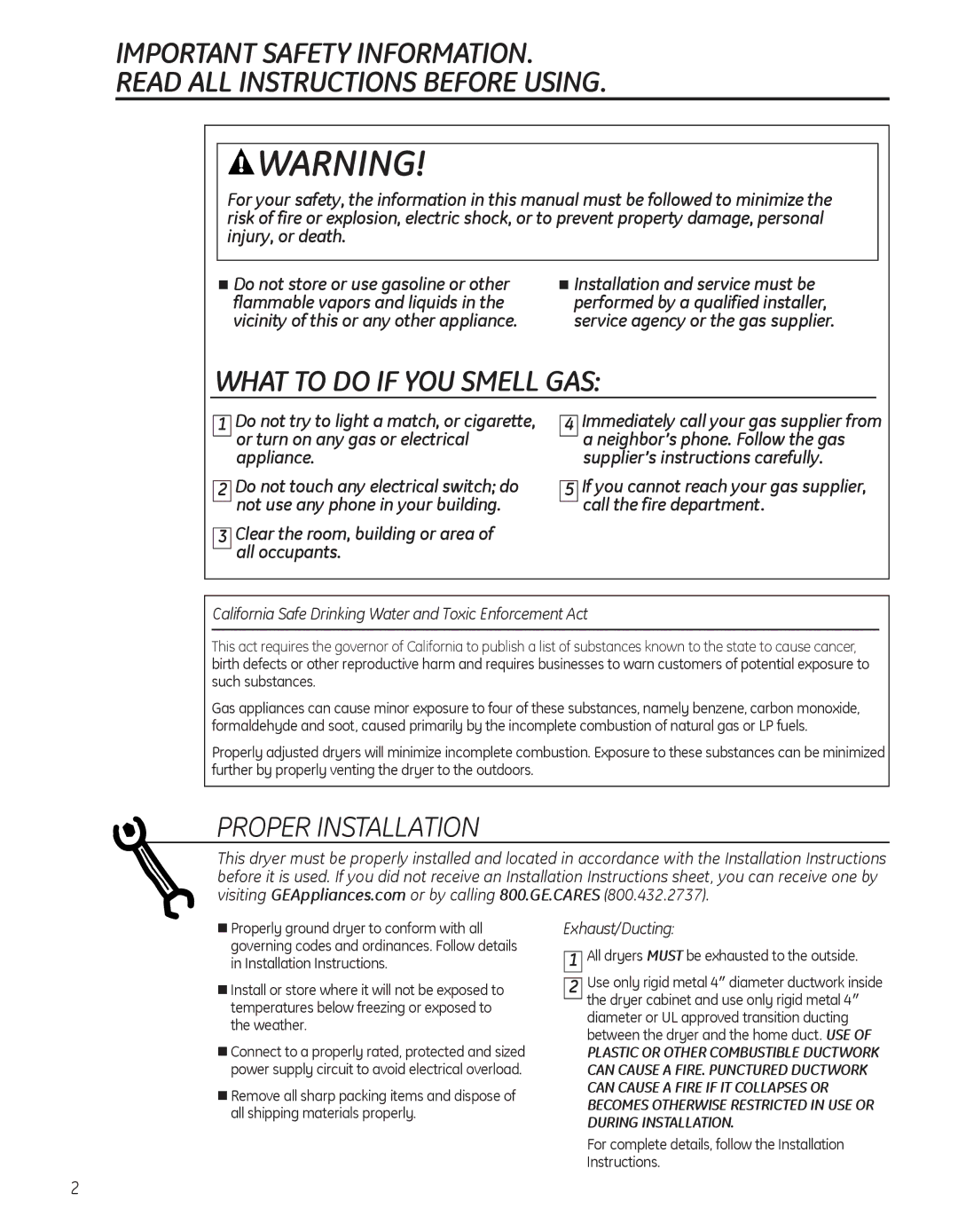 GE 234D1157P005, PTDS650EMWT, 49-90418 operating instructions WhAT to do If yOu SMEll GAS, Proper Installation 