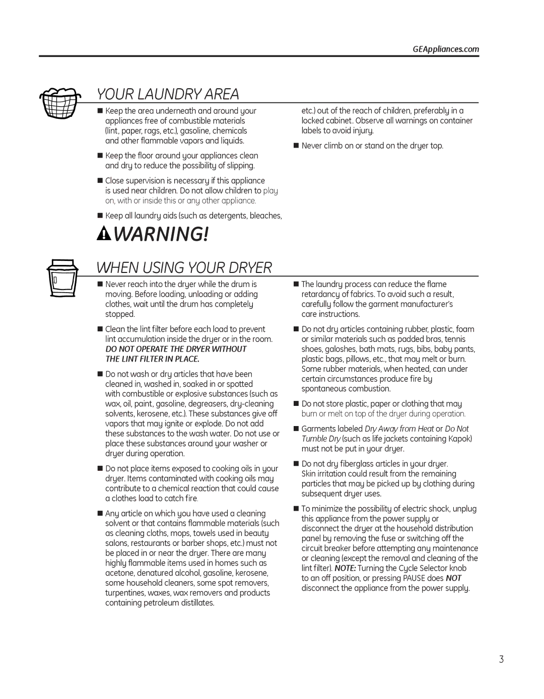 GE PTDS650EMWT, 49-90418, 234D1157P005 operating instructions Your Laundry Area, When Using Your Dryer, GEAppliances.com 