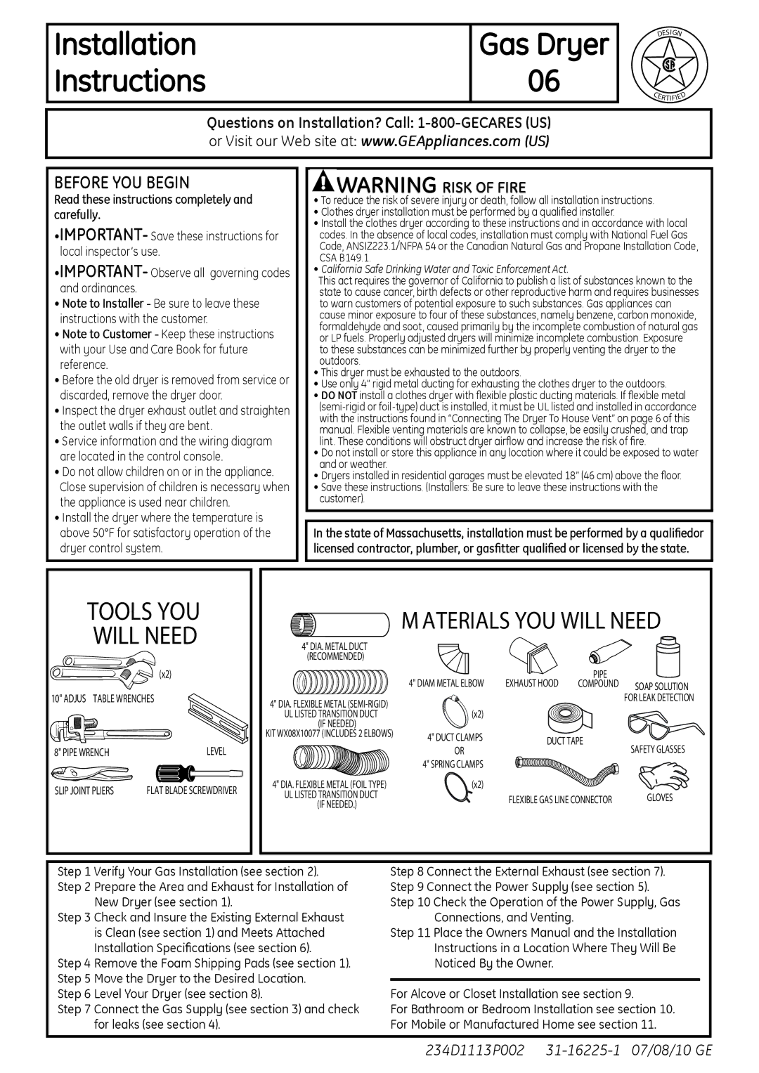 GE PTDS650GMWT installation instructions Before YOU Begin, Read these instructions completely and carefully 