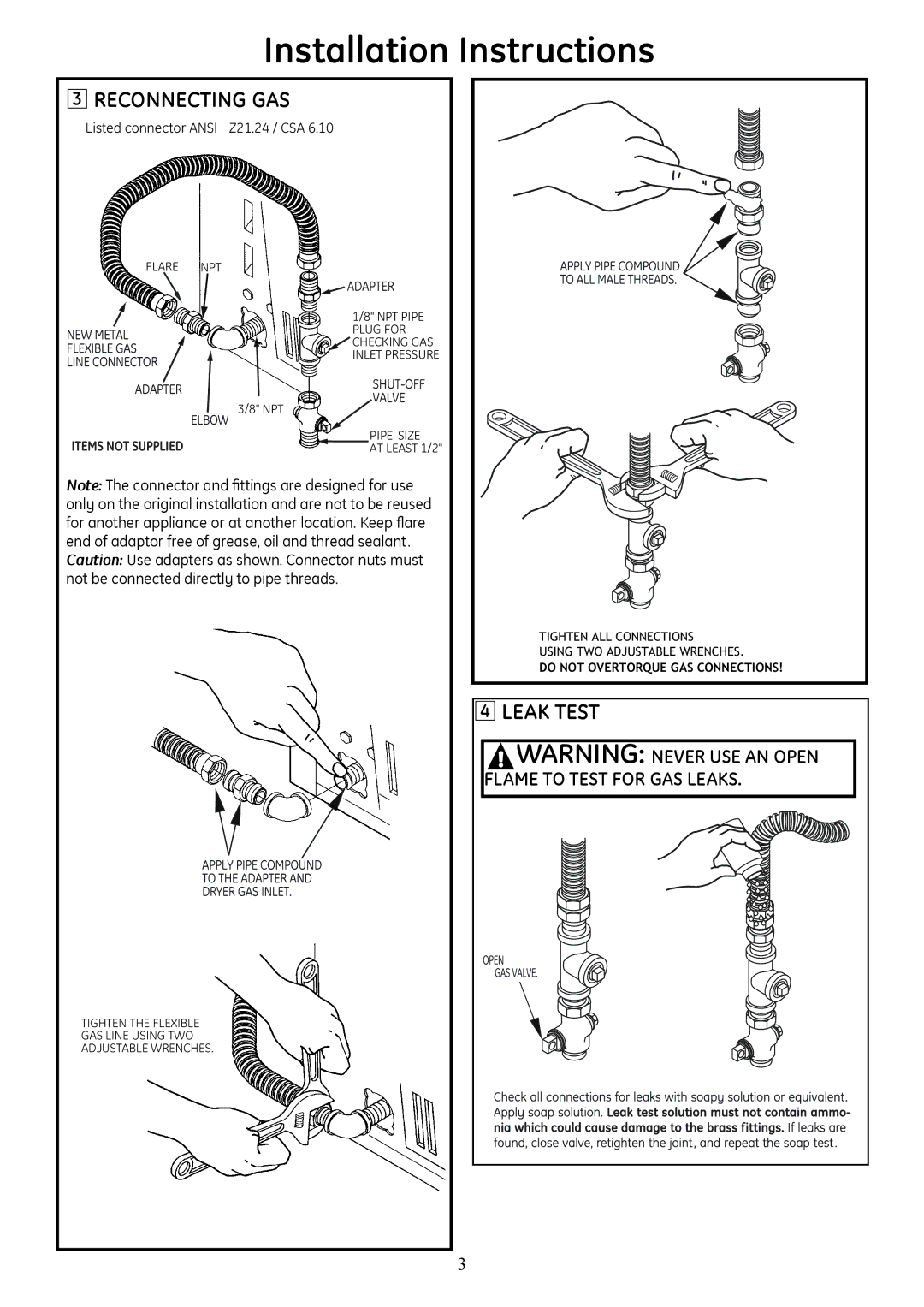 GE PTDS650GMWT installation instructions Reconnecting GAS, Leak Test 