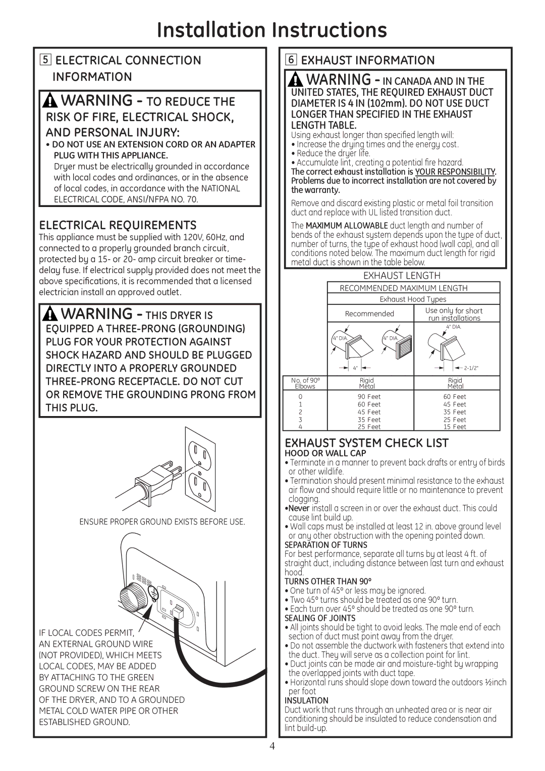 GE PTDS650GMWT installation instructions Electrical Requirements, Exhaust Information, Exhaust System Check List 