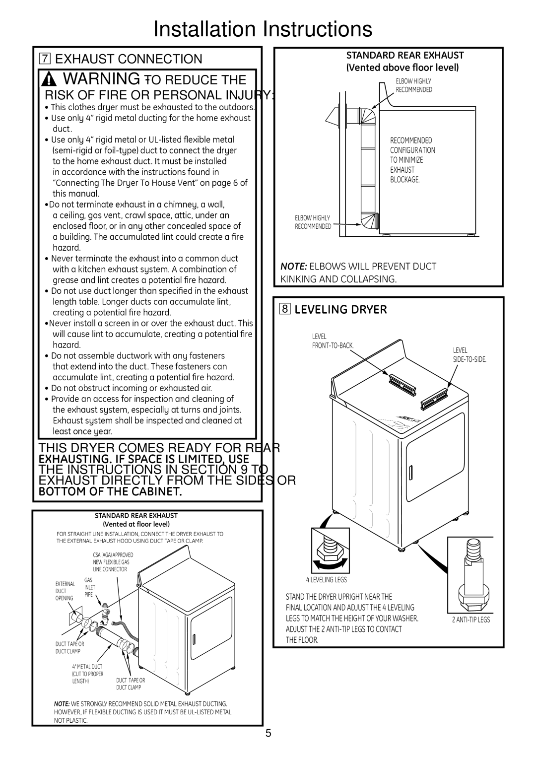 GE PTDS650GMWT installation instructions Exhaust Connection, Leveling Dryer, Standard Rear Exhaust Vented above floor level 