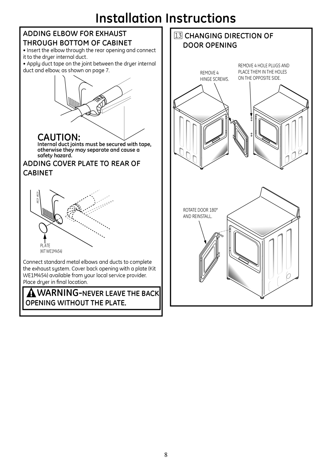 GE PTDS650GMWT installation instructions Changing Direction of Door Opening, Adding Cover Plate to Rear of Cabinet 