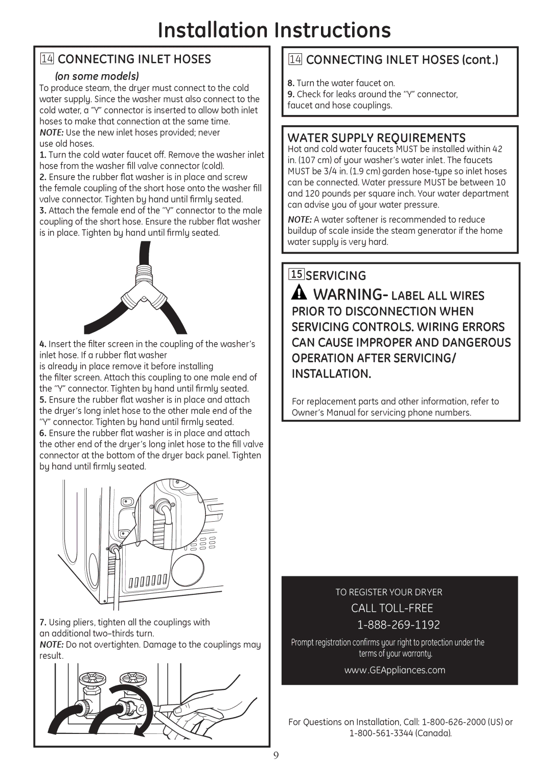 GE PTDS650GMWT installation instructions Connecting Inlet Hoses, Water Supply Requirements, Servicing 