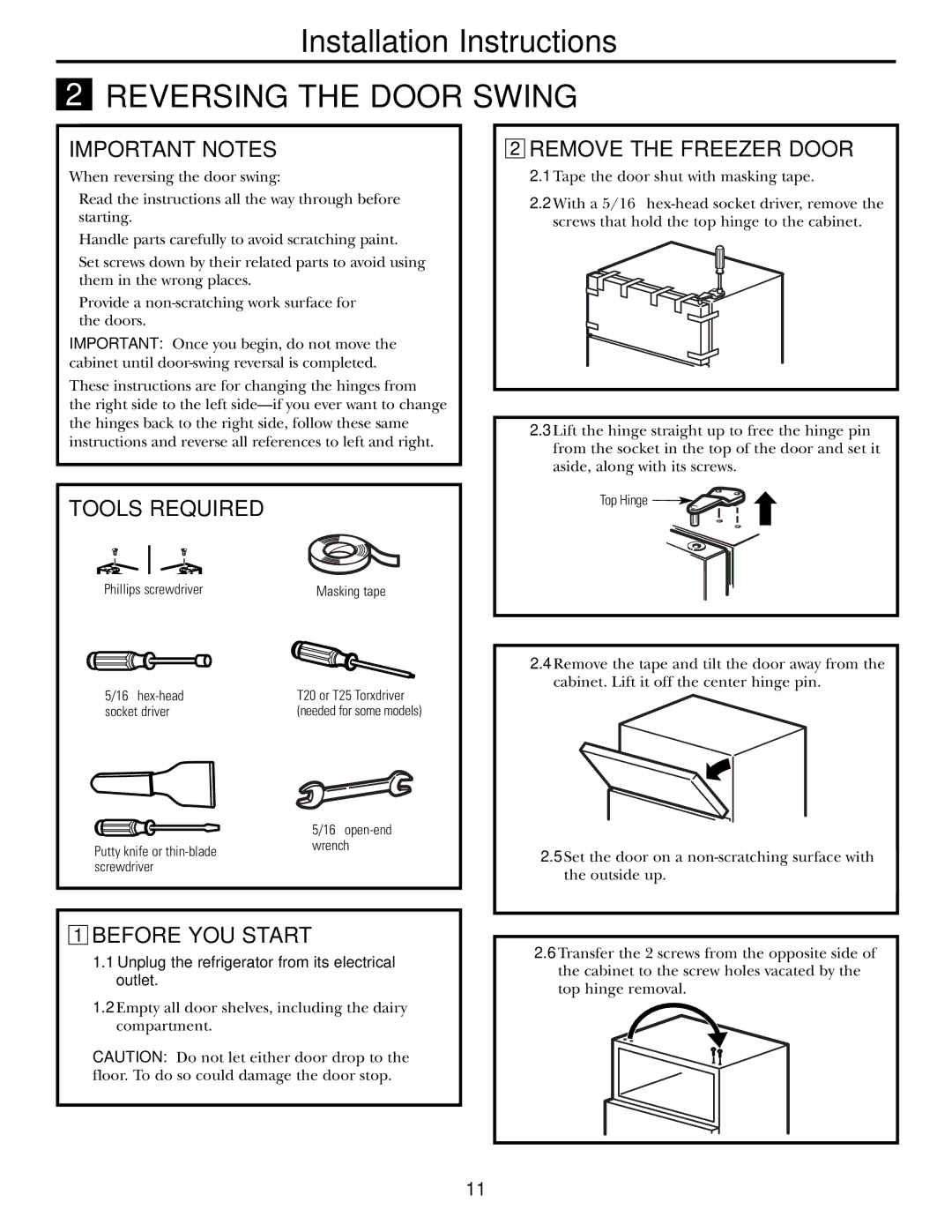 GE 197D5226P005, PTS18SHSSS Important Notes, Tools Required, Remove the Freezer Door, Before YOU Start 