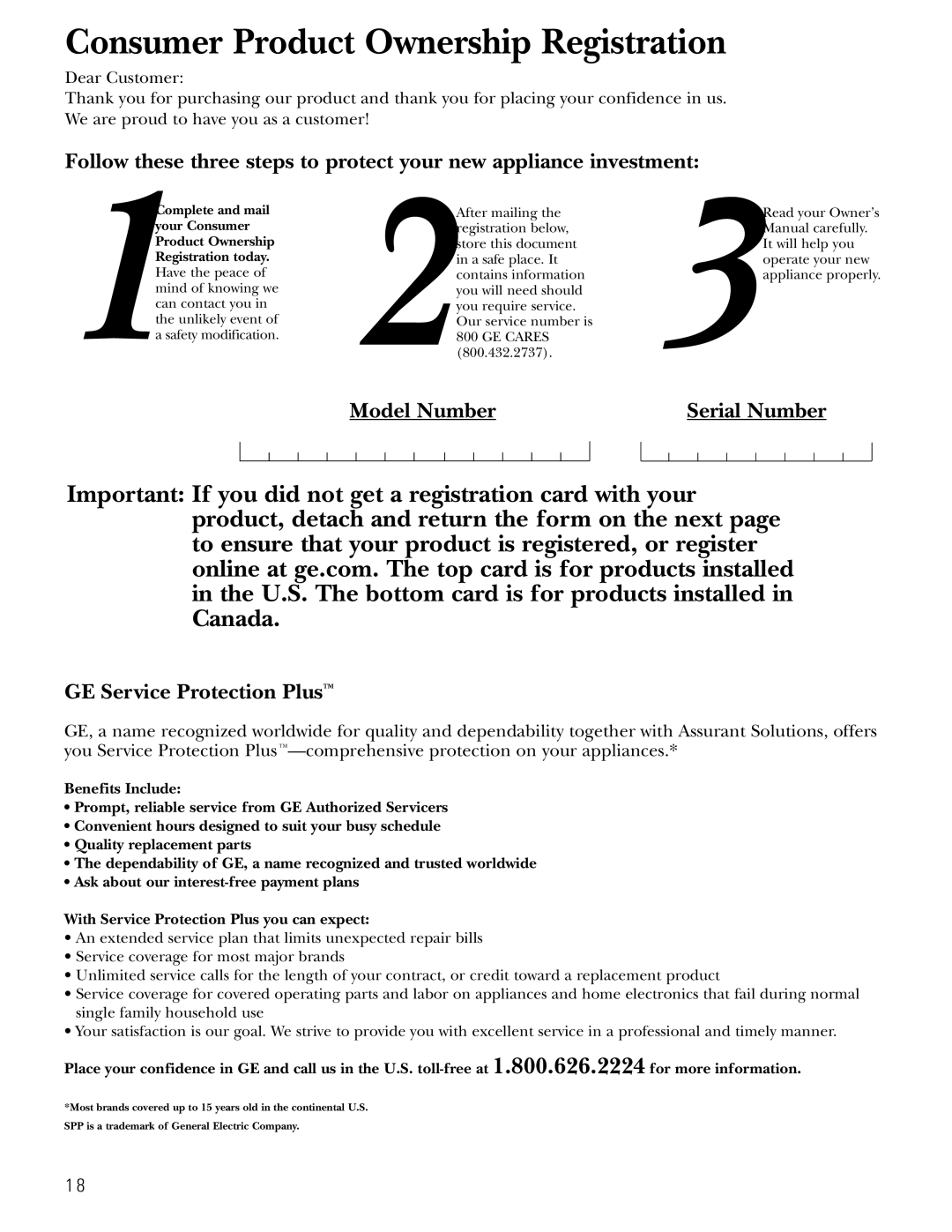 GE PTS18SHSSS, 197D5226P005 operating instructions Consumer Product Ownership Registration 