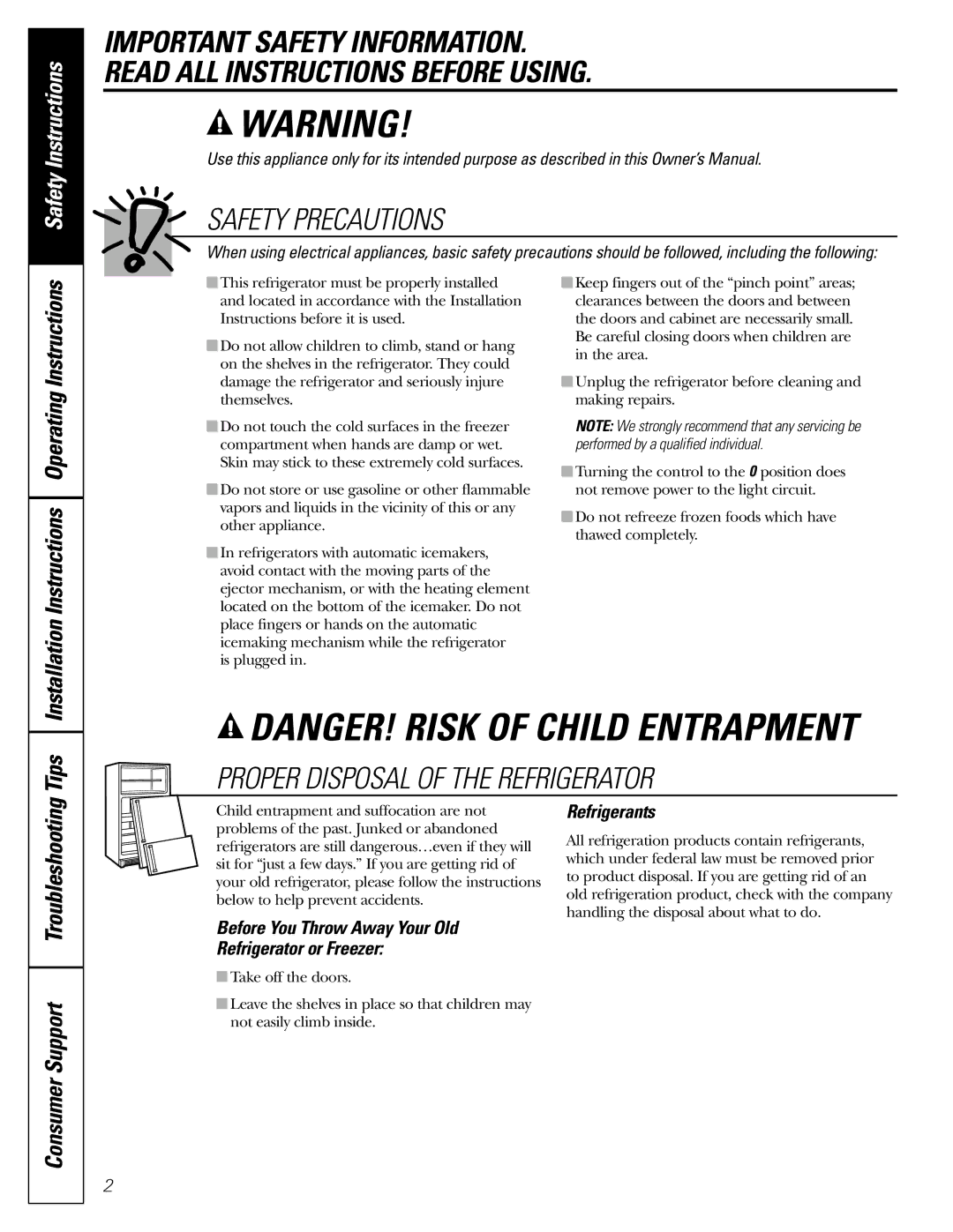 GE PTS18SHSSS, 197D5226P005 operating instructions Before You Throw Away Your Old Refrigerator or Freezer, Refrigerants 