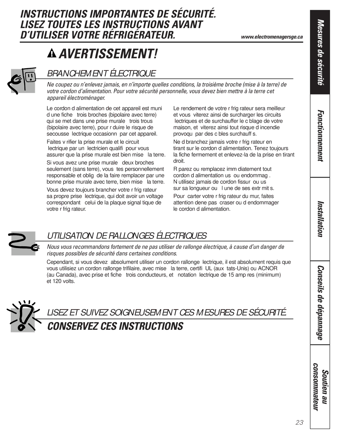 GE 197D5226P005, PTS18SHSSS operating instructions Conservez CES Instructions 