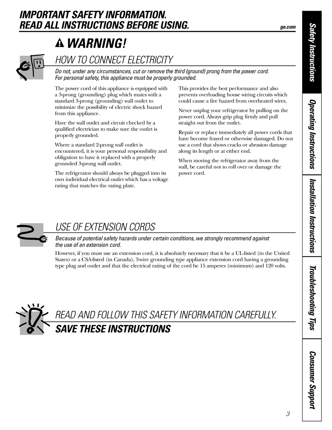 GE 197D5226P005, PTS18SHSSS operating instructions HOW to Connect Electricity 