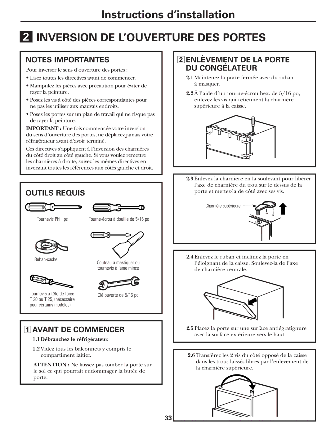 GE 197D5226P005, PTS18SHSSS Inversion DE L’OUVERTURE DES Portes, Outils Requis Enlèvement DE LA Porte DU Congélateur 