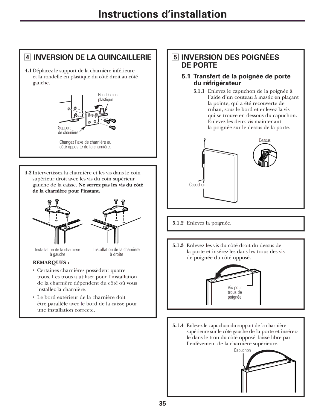 GE 197D5226P005, PTS18SHSSS operating instructions Inversion DE LA Quincaillerie, Inversion DES Poignées DE Porte 