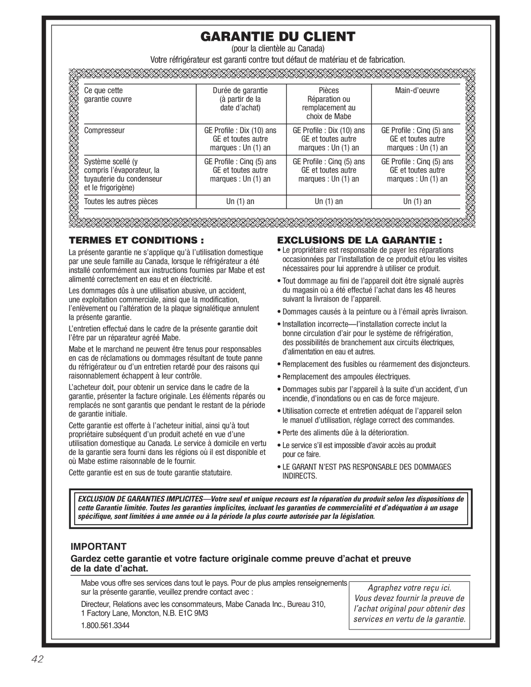 GE PTS18SHSSS, 197D5226P005 operating instructions Garantie DU Client 