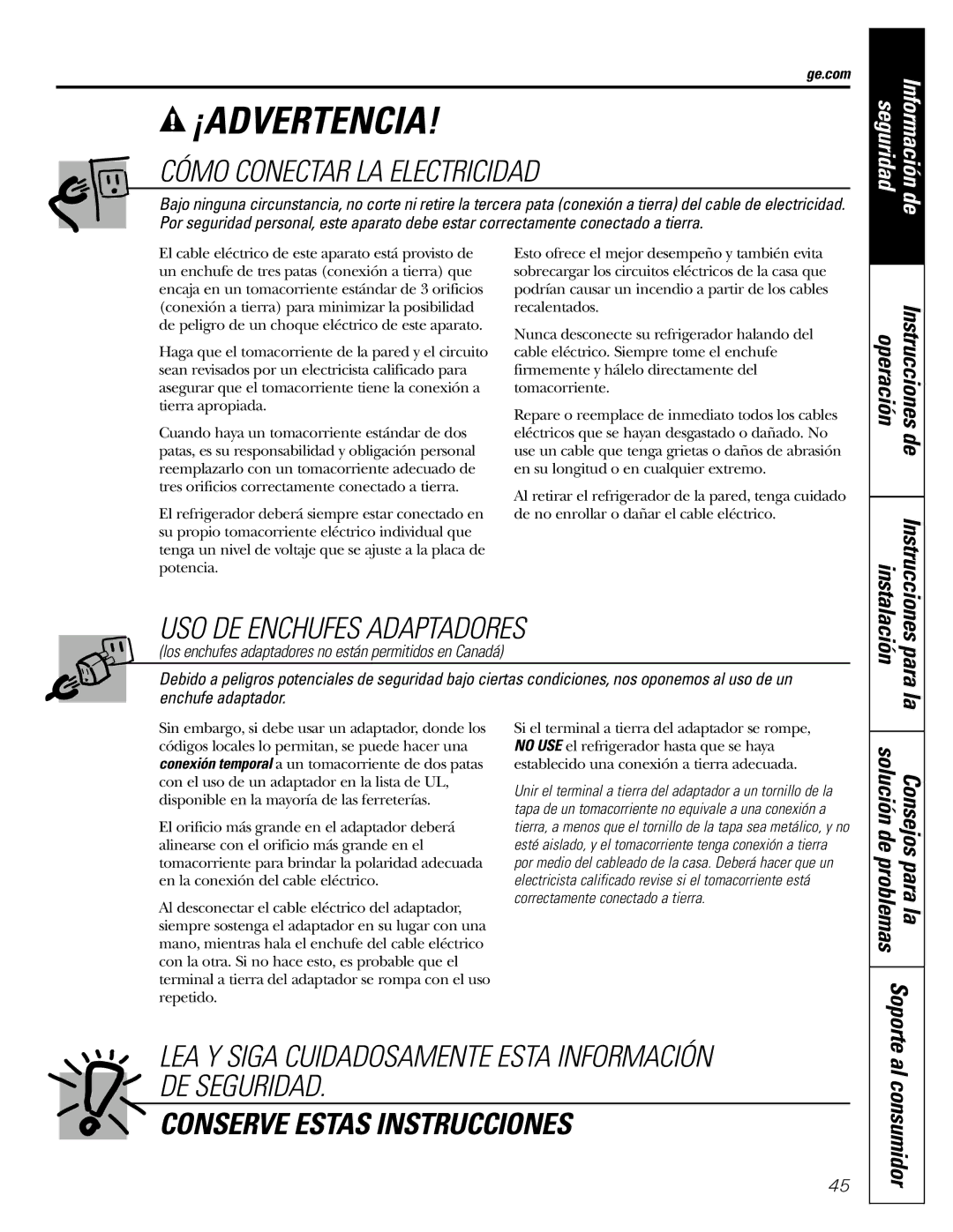 GE 197D5226P005, PTS18SHSSS operating instructions Instrucciones, Soporte, Ge.com 