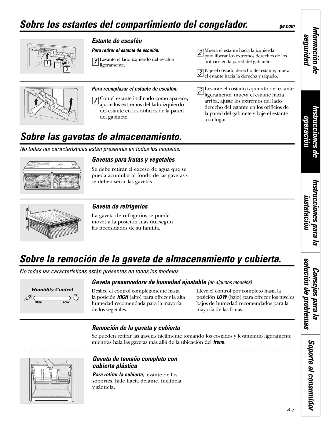 GE 197D5226P005, PTS18SHSSS Sobre los estantes del compartimiento del congelador, Sobre las gavetas de almacenamiento 