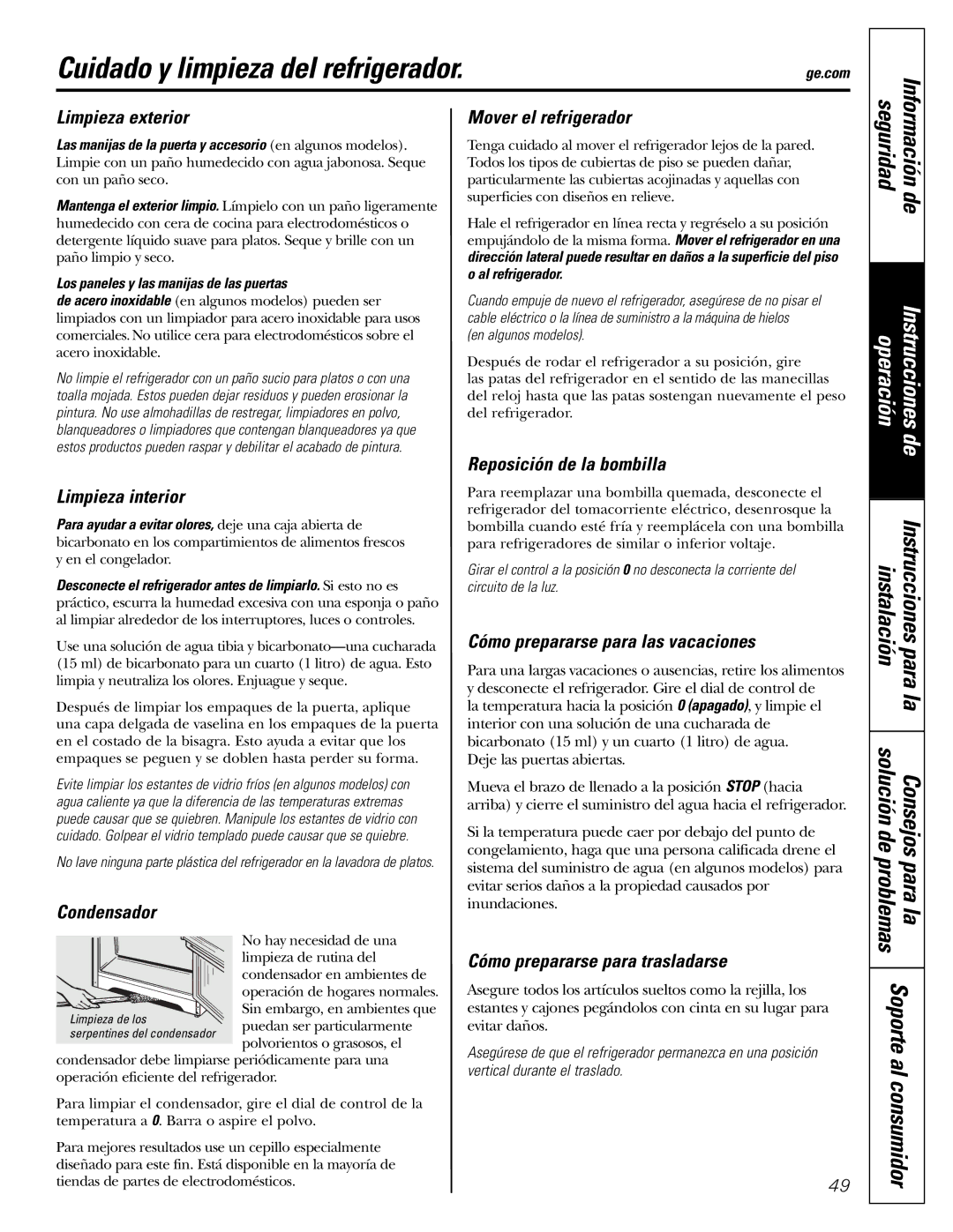 GE 197D5226P005, PTS18SHSSS operating instructions Cuidado y limpieza del refrigerador 