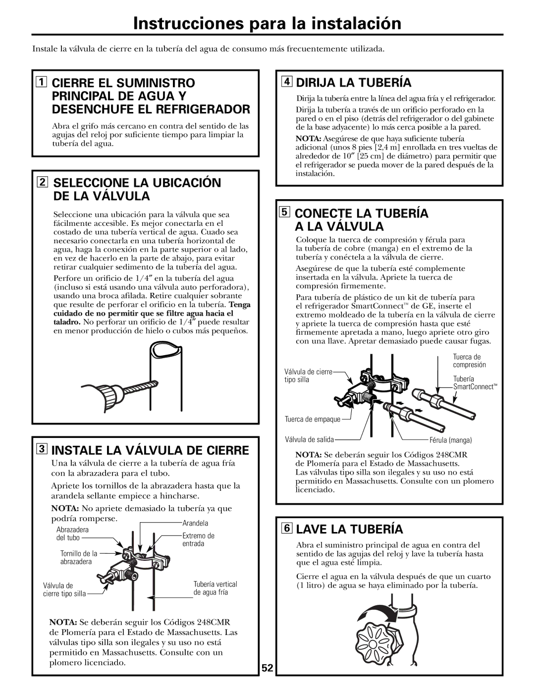 GE PTS18SHSSS Seleccione LA Ubicación DE LA Válvula, Dirija LA Tubería, Conecte LA Tubería LA Válvula, Lave LA Tubería 