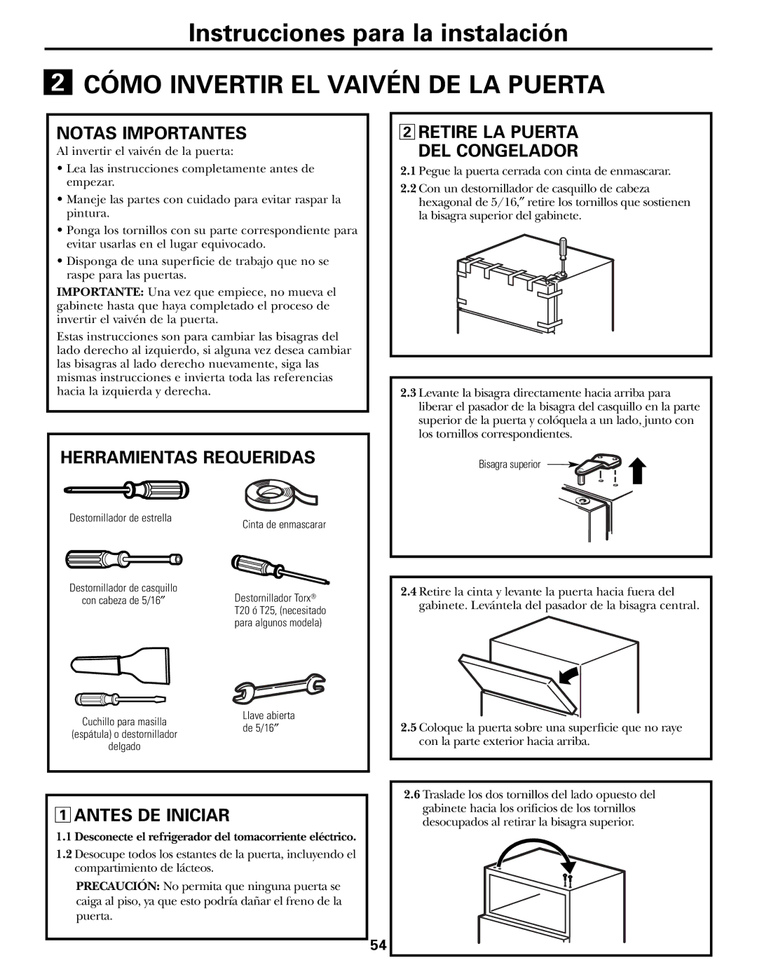 GE PTS18SHSSS, 197D5226P005 Notas Importantes, Herramientas Requeridas Retire LA Puerta DEL Congelador 