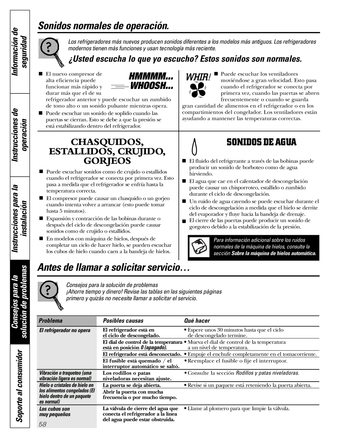 GE PTS18SHSSS, 197D5226P005 operating instructions Sonidos normales de operación, Es normal Los cubos son, Muy pequeños 