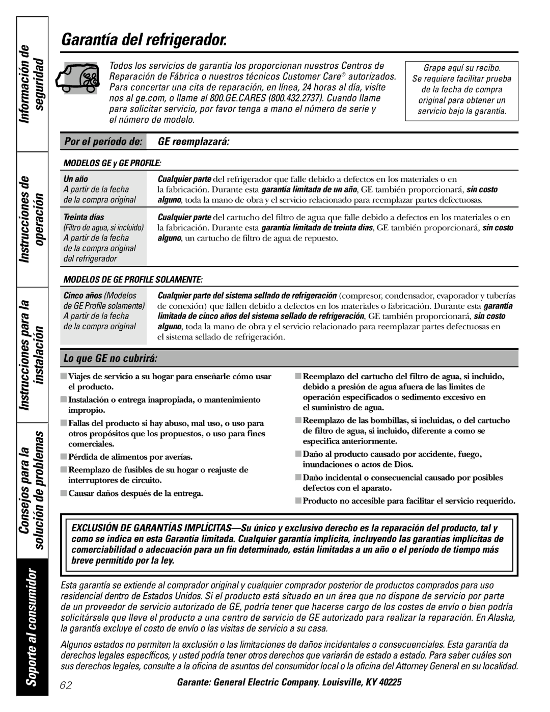 GE PTS18SHSSS, 197D5226P005 operating instructions Por el período de GE reemplazará 