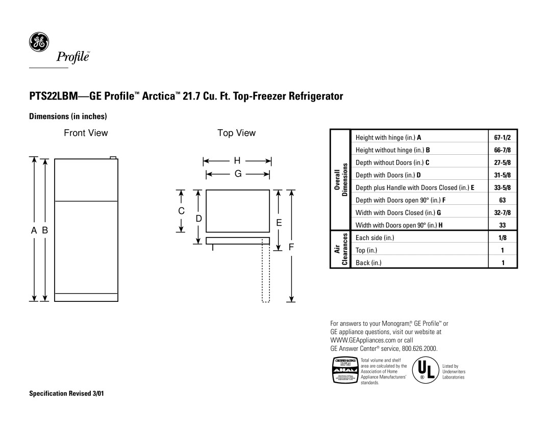 GE PTS22LBMAA, PTS22LBMWW, PTS22LBMCC, PTS22LBMBB dimensions Front View Top View, Dimensions in inches 