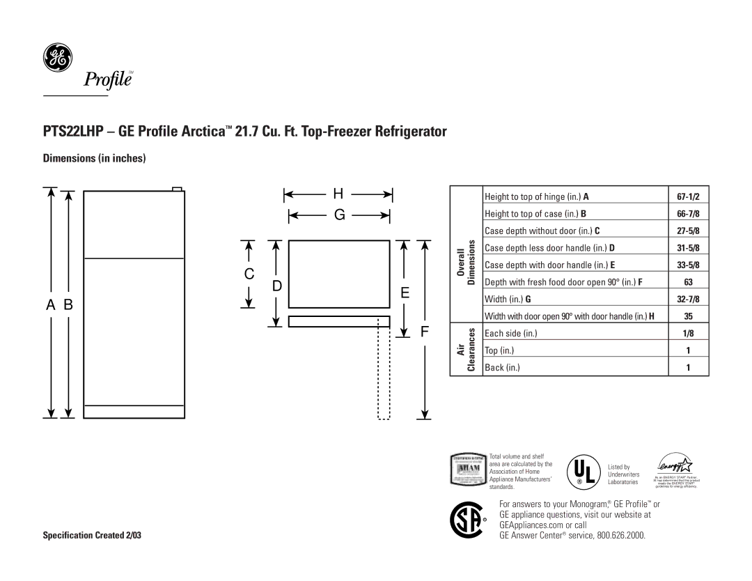 GE PTS22LHPBB, PTS22LHPCC, PTS22LHPWW dimensions Dimensions in inches, 67-1/2, Air, Specification Created 2/03 