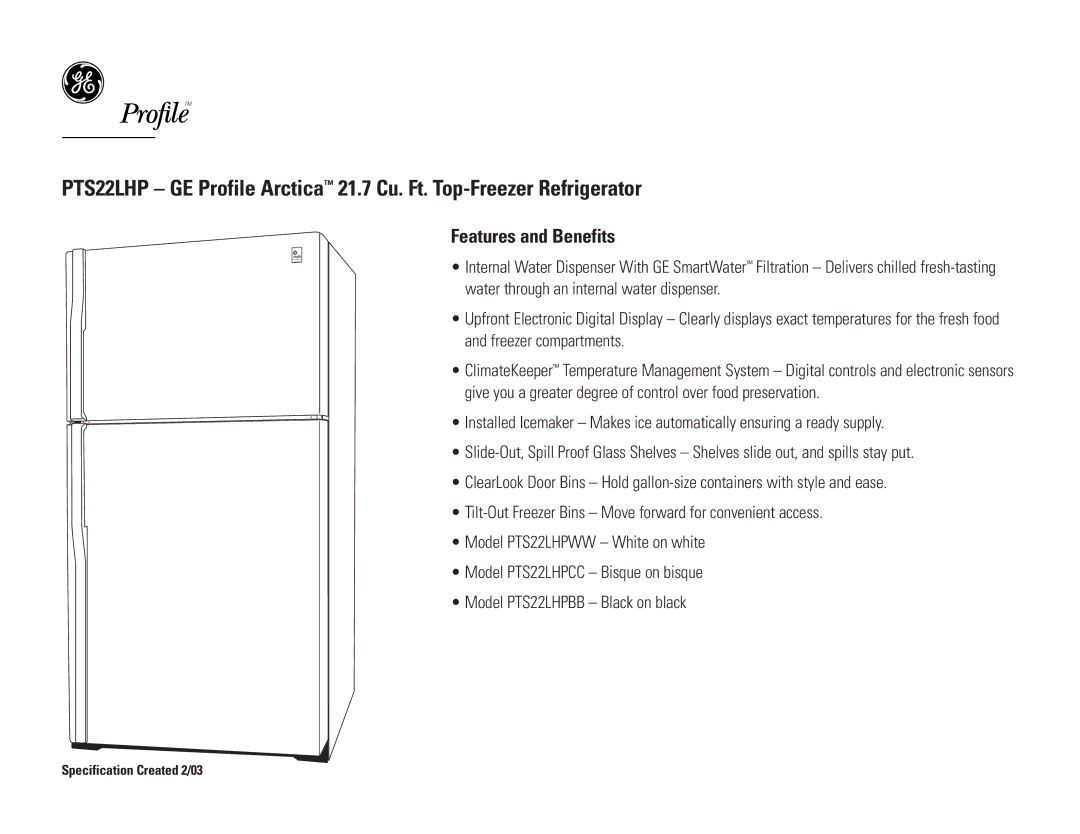 GE PTS22LHPCC, PTS22LHPBB, PTS22LHPWW dimensions Features and Benefits 