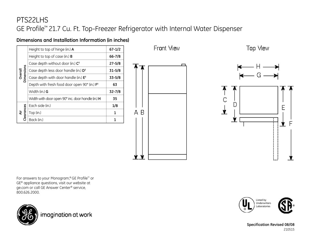 GE PTS22LHS dimensions Dimensions and Installation Information in inches 