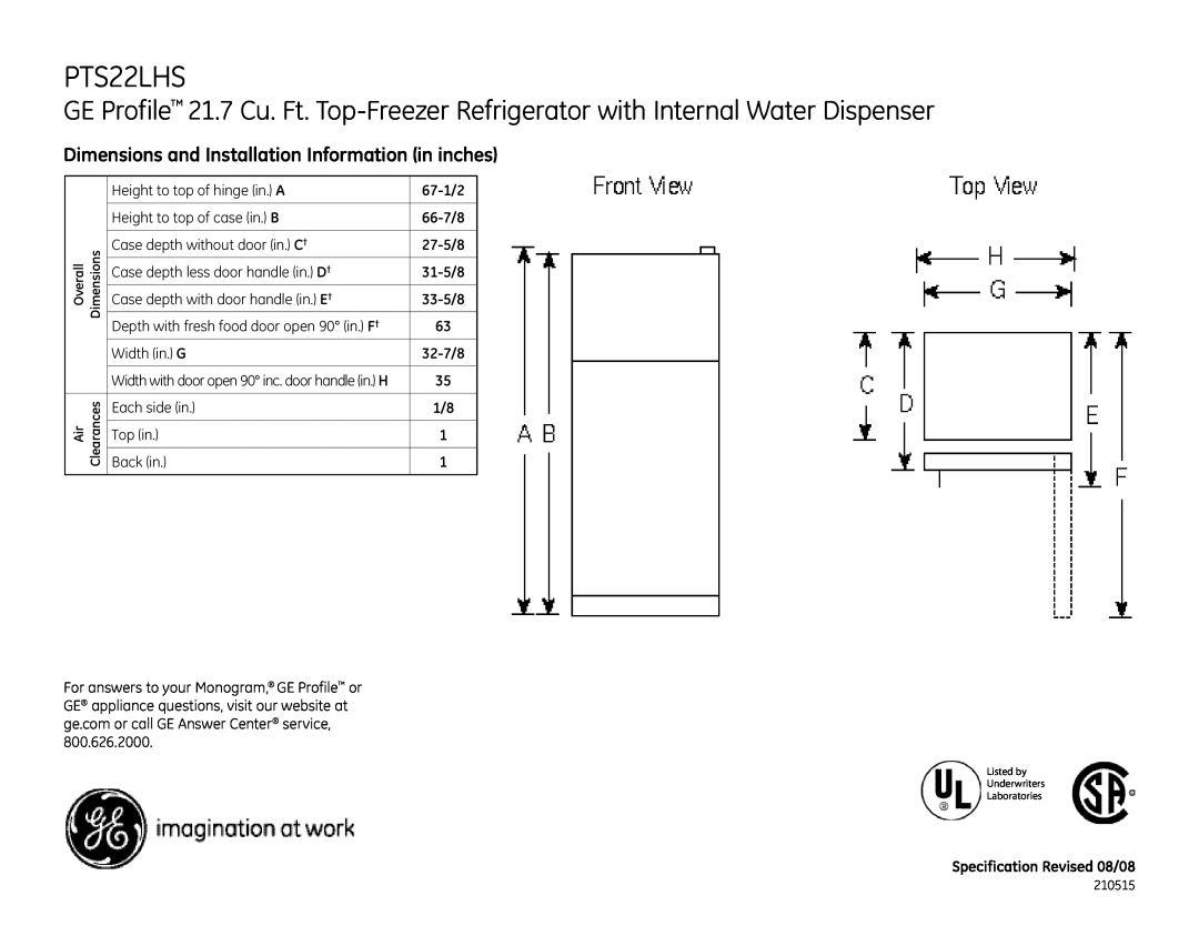 GE PTS22LHS dimensions Dimensions and Installation Information in inches 