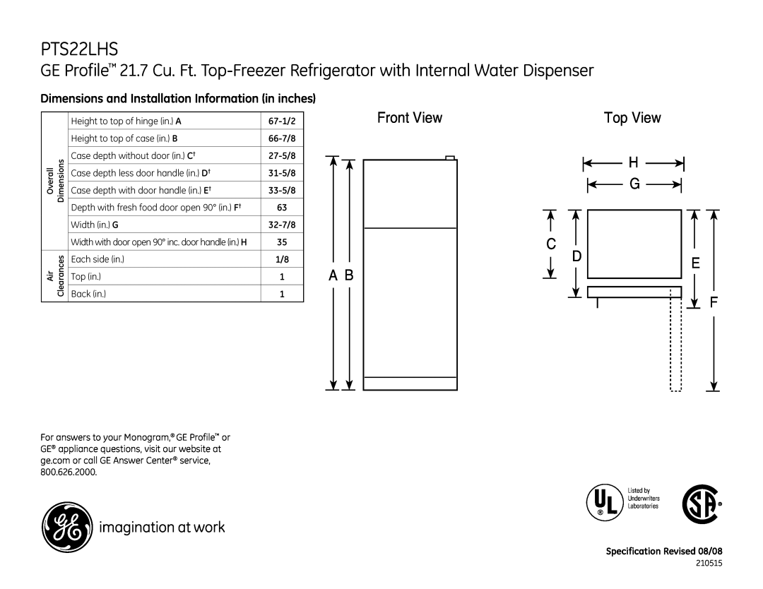 GE PTS22LHSCC, PTS22LHSBB dimensions Dimensions and Installation Information in inches, Front View, Top View H G D 