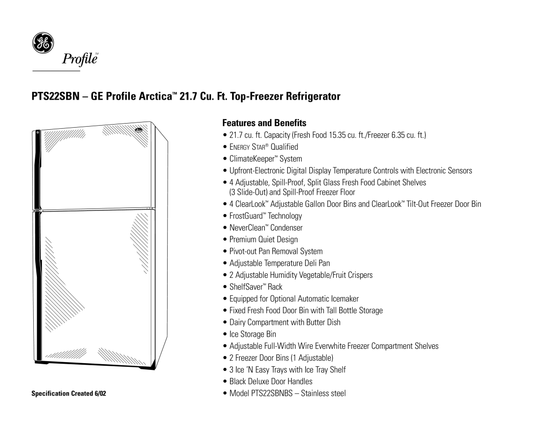 GE PTS22SBNBS dimensions Features and Benefits 