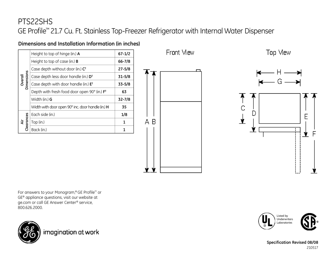 GE PTS22SHSSS dimensions Dimensions and Installation Information in inches 