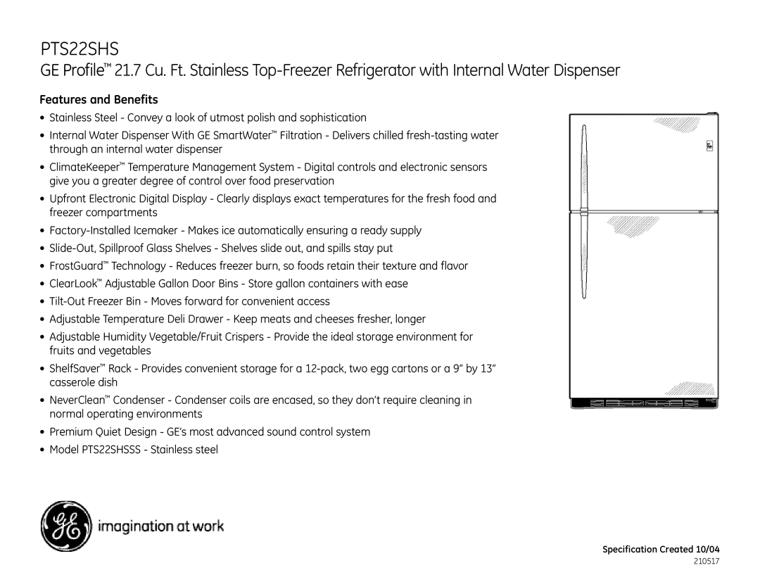 GE PTS22SHSSS dimensions Features and Benefits 