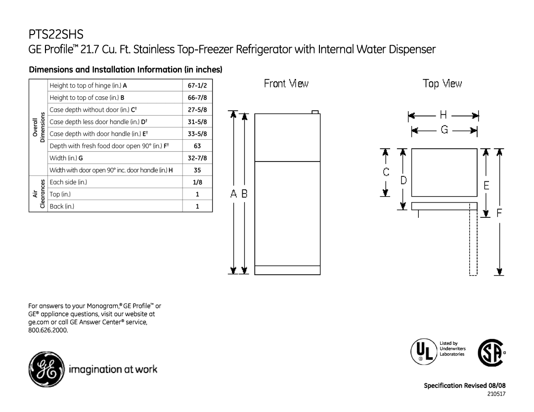 GE PTS22SHSSS dimensions Dimensions and Installation Information in inches 