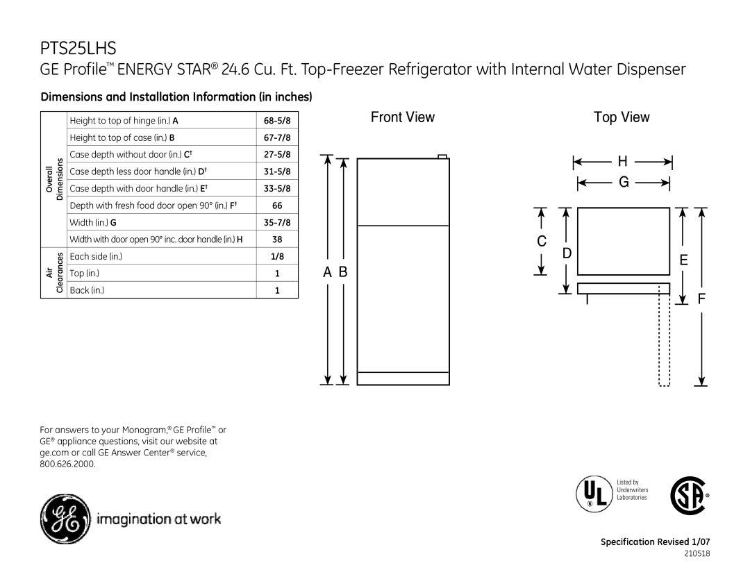 GE PTS25LHS dimensions Front View, Dimensions and Installation Information in inches 