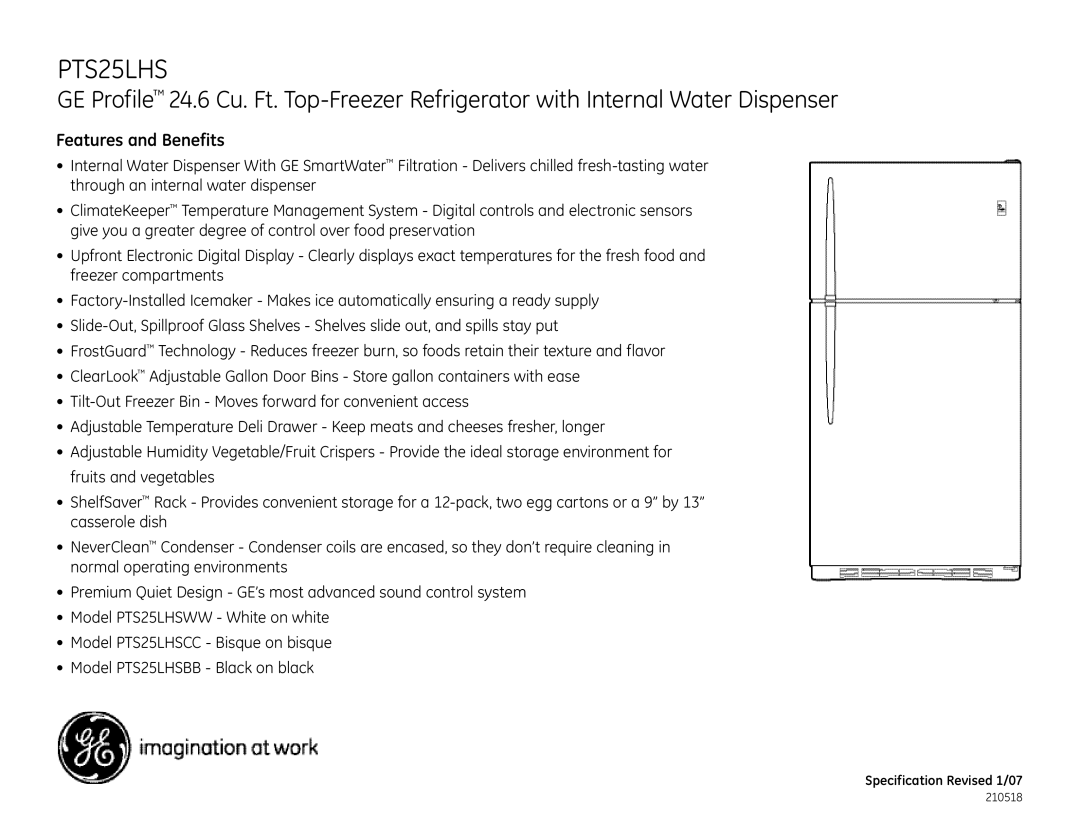 GE PTS25LHS dimensions Features and Benefits 