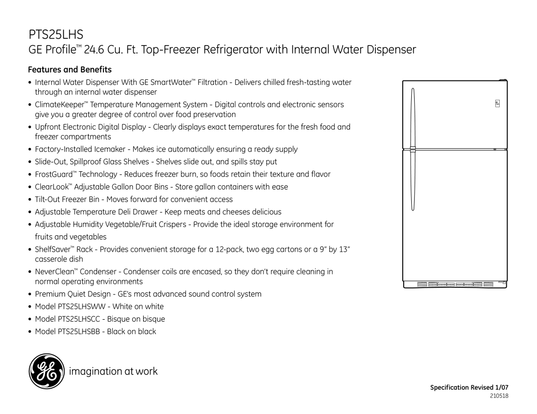 GE PTS25LHSWW, PTS25LHSCC, PTS25LHSBB, PTS22LCS dimensions Features and Benefits 