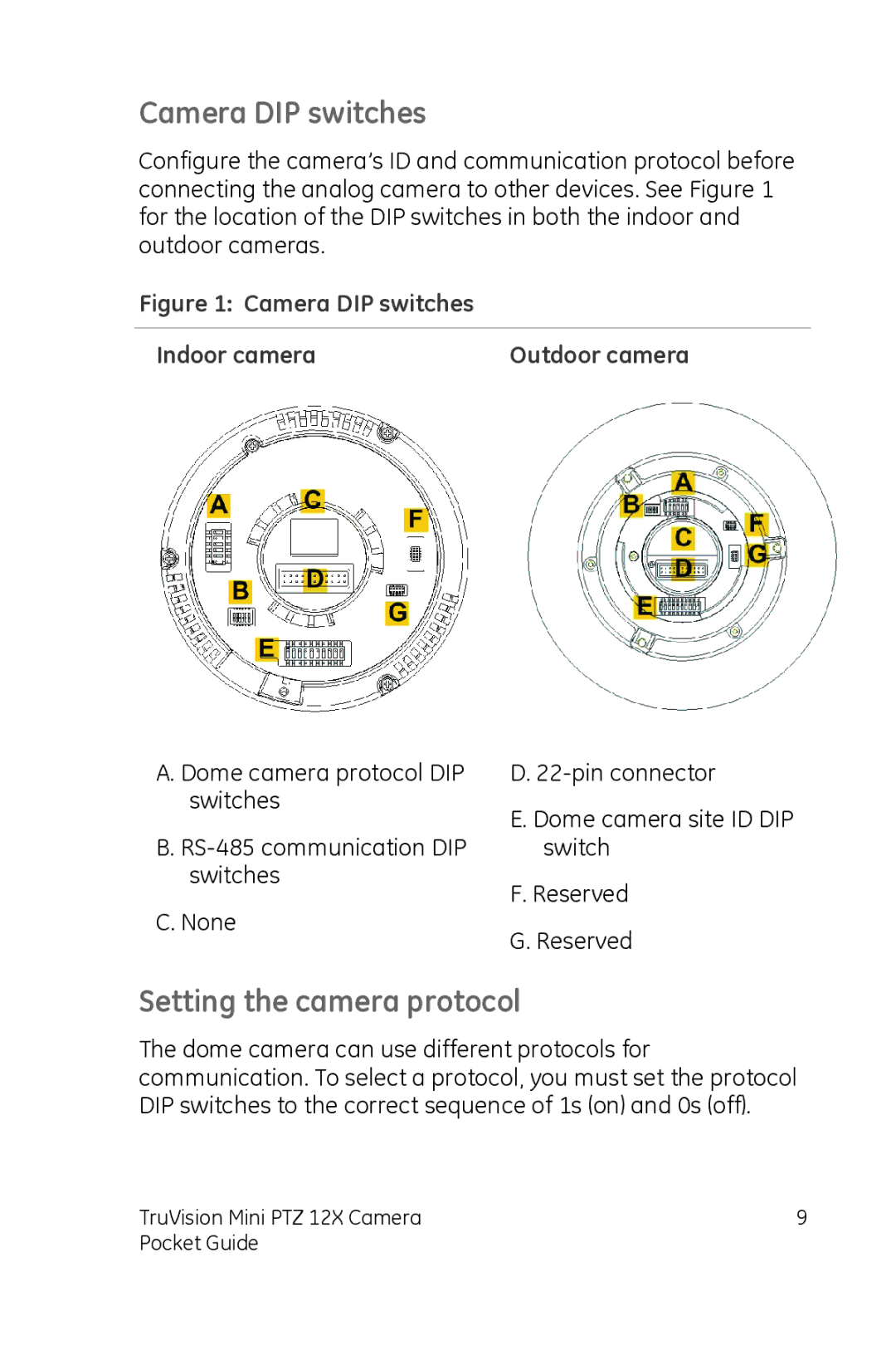 GE PTZ 12X manual Camera DIP switches, Setting the camera protocol 