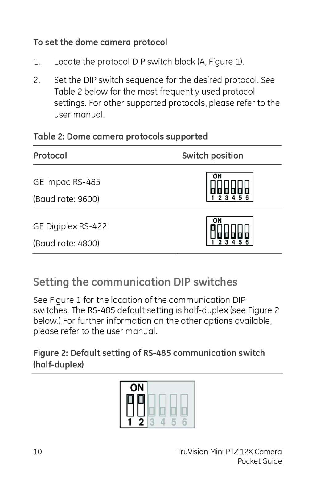 GE PTZ 12X manual Setting the communication DIP switches, To set the dome camera protocol 