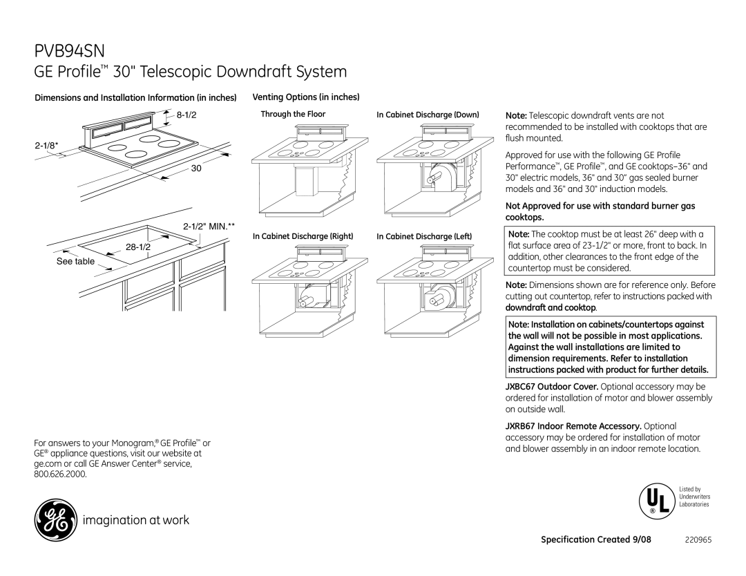 GE PVB94SN dimensions GE Profile 30 Telescopic Downdraft System, Venting Options in inches, Specification Created 9/08 