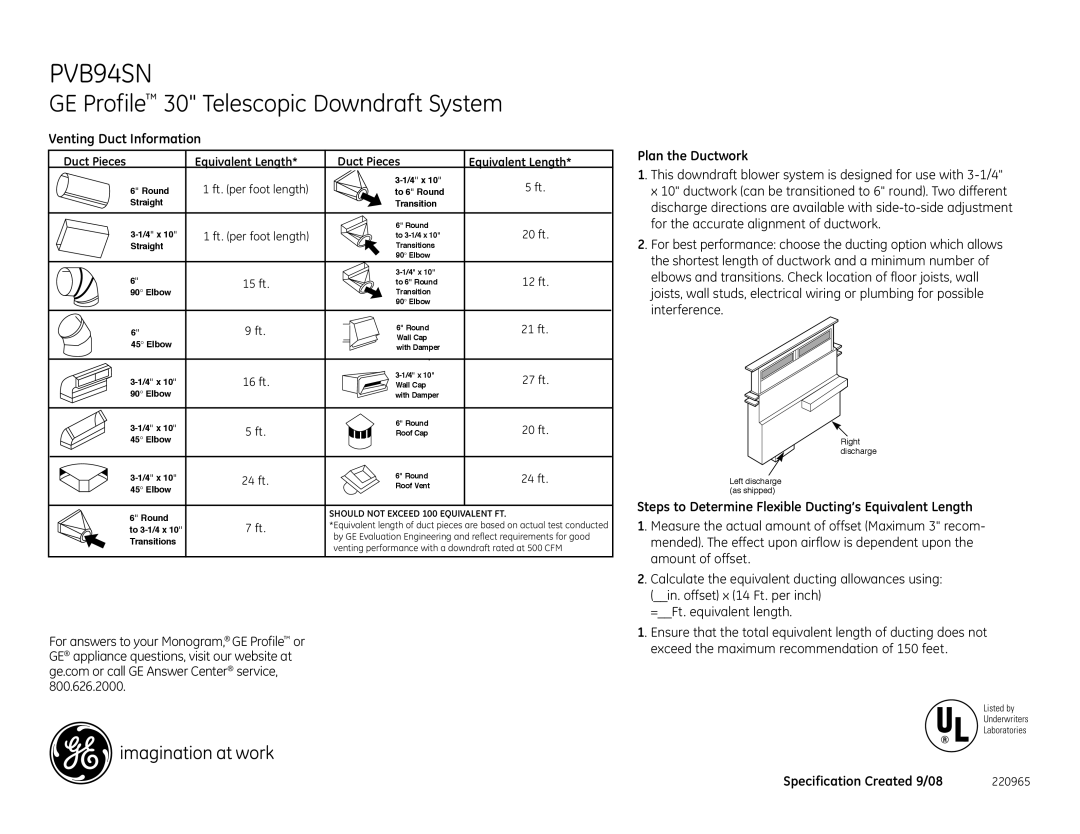 GE PVB94SNSS Venting Duct Information, Plan the Ductwork, Steps to Determine Flexible Ducting’s Equivalent Length 